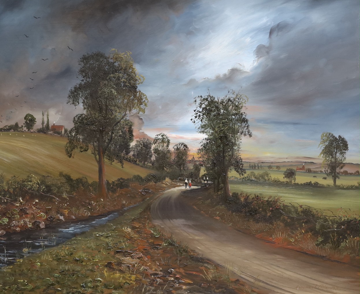 Ray Price (20th century), acrylic on board, Two figures on a road beneath a stormy sky, signed, and three other smaller pictures by the same hand - largest 59 x 75cm (4)